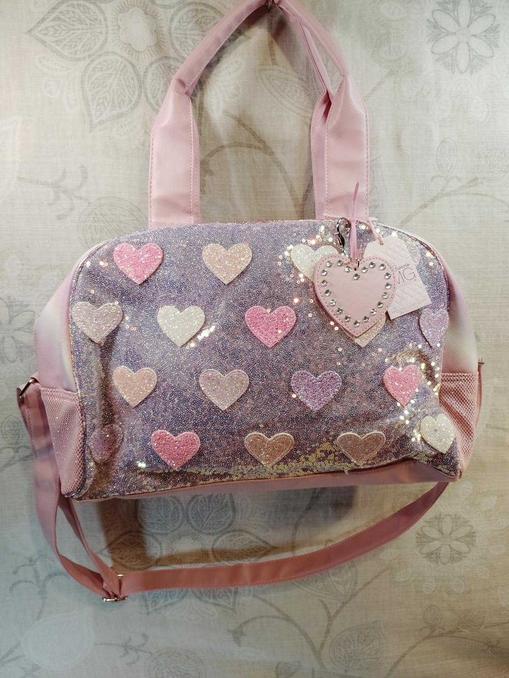 Pink Heart-Embellished Girls' Glitter Shoulder Tote Bag